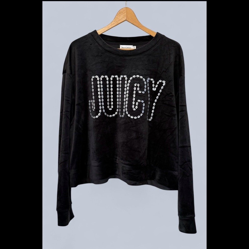 Juicy Couture Wmns Black Velvety 1X French Terry Cropped Sweatshirt with Crowns
